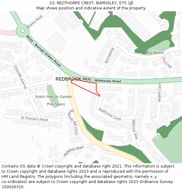 23, REDTHORPE CREST, BARNSLEY, S75 1JE: Location map and indicative extent of plot