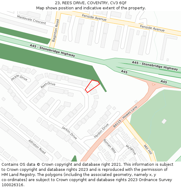 23, REES DRIVE, COVENTRY, CV3 6QF: Location map and indicative extent of plot