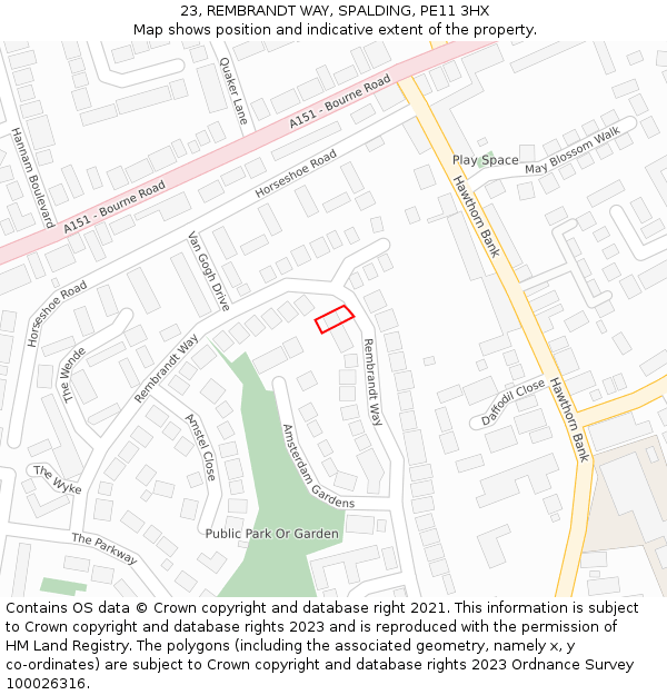 23, REMBRANDT WAY, SPALDING, PE11 3HX: Location map and indicative extent of plot