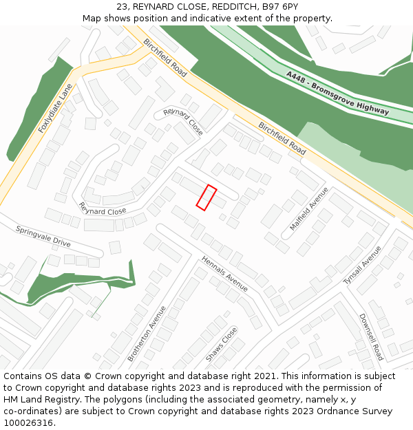 23, REYNARD CLOSE, REDDITCH, B97 6PY: Location map and indicative extent of plot