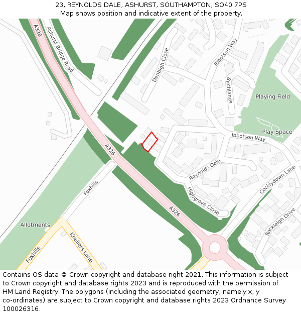 23, REYNOLDS DALE, ASHURST, SOUTHAMPTON, SO40 7PS: Location map and indicative extent of plot