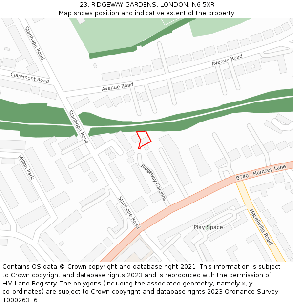 23, RIDGEWAY GARDENS, LONDON, N6 5XR: Location map and indicative extent of plot