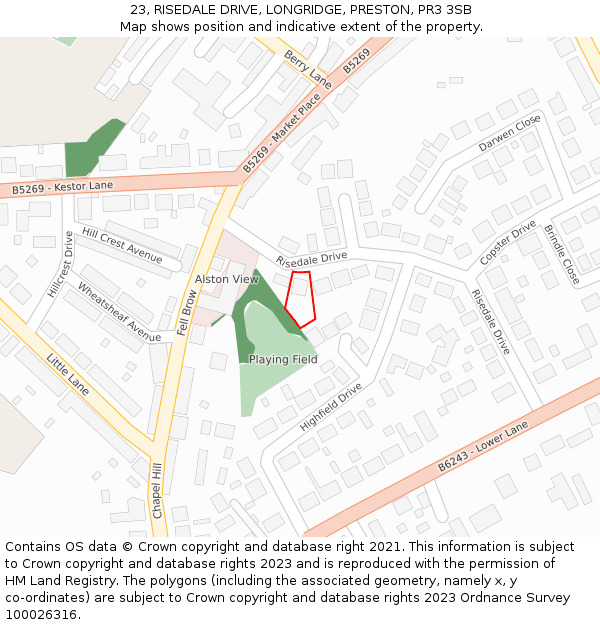 23, RISEDALE DRIVE, LONGRIDGE, PRESTON, PR3 3SB: Location map and indicative extent of plot
