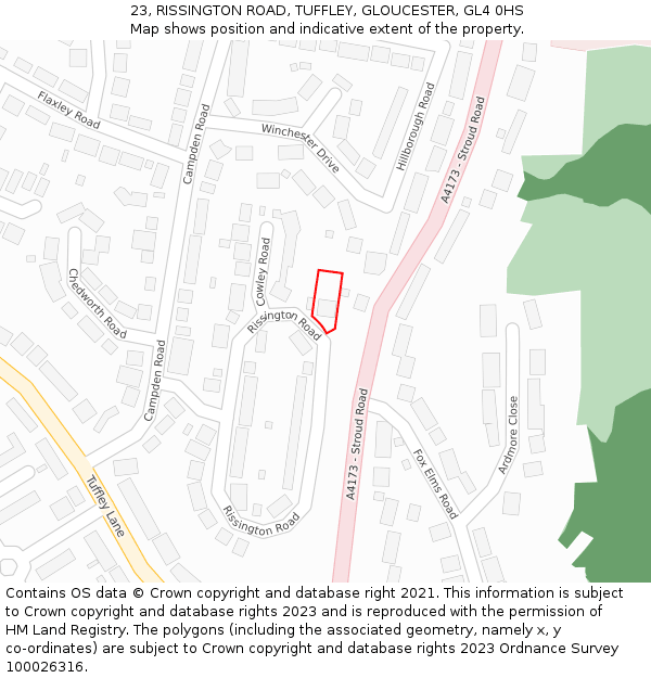 23, RISSINGTON ROAD, TUFFLEY, GLOUCESTER, GL4 0HS: Location map and indicative extent of plot