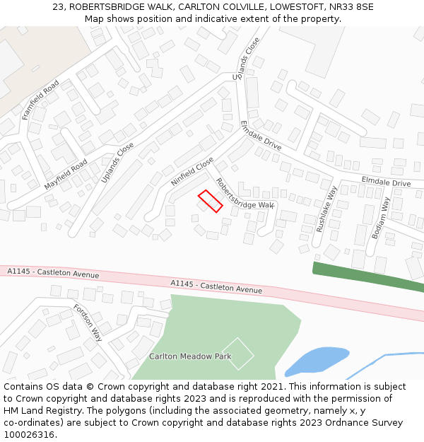 23, ROBERTSBRIDGE WALK, CARLTON COLVILLE, LOWESTOFT, NR33 8SE: Location map and indicative extent of plot