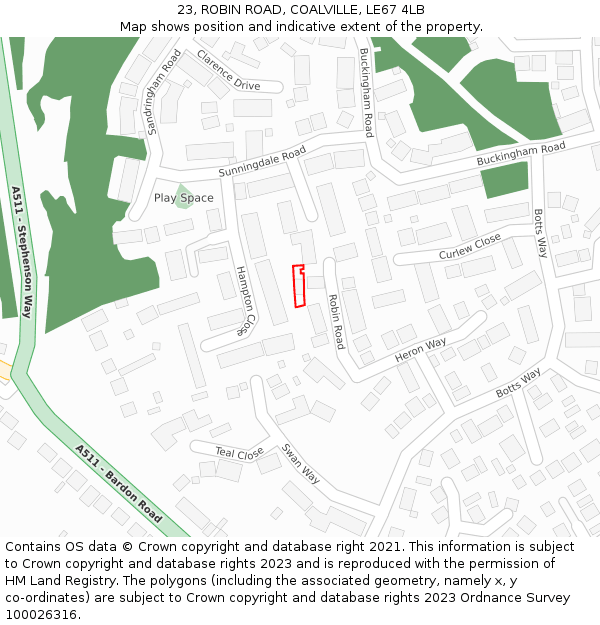 23, ROBIN ROAD, COALVILLE, LE67 4LB: Location map and indicative extent of plot