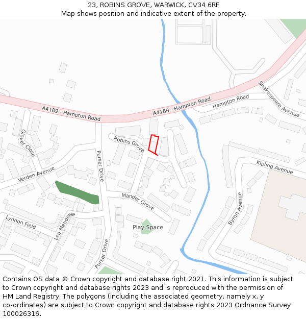 23, ROBINS GROVE, WARWICK, CV34 6RF: Location map and indicative extent of plot