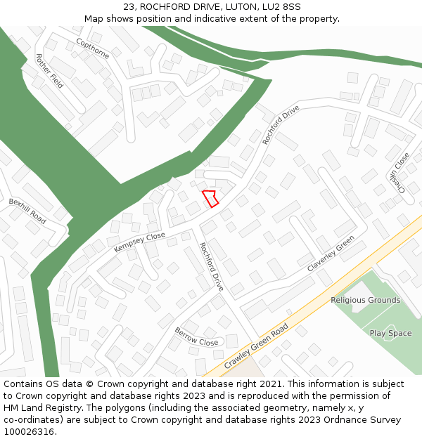 23, ROCHFORD DRIVE, LUTON, LU2 8SS: Location map and indicative extent of plot