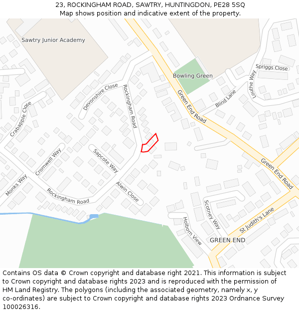 23, ROCKINGHAM ROAD, SAWTRY, HUNTINGDON, PE28 5SQ: Location map and indicative extent of plot