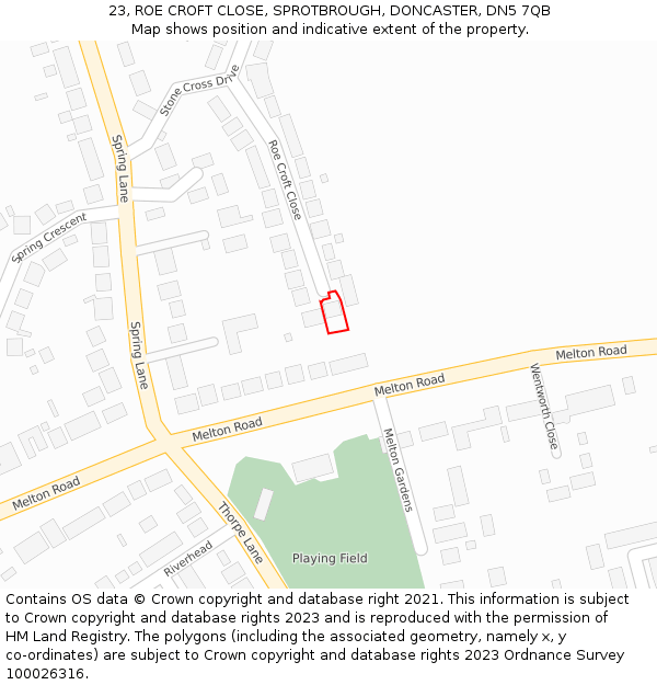 23, ROE CROFT CLOSE, SPROTBROUGH, DONCASTER, DN5 7QB: Location map and indicative extent of plot