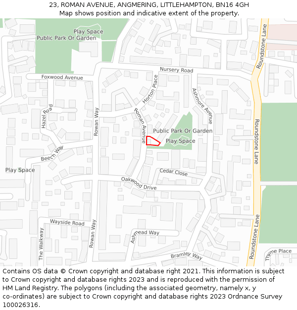 23, ROMAN AVENUE, ANGMERING, LITTLEHAMPTON, BN16 4GH: Location map and indicative extent of plot