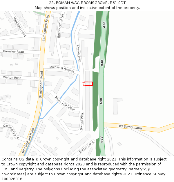 23, ROMAN WAY, BROMSGROVE, B61 0DT: Location map and indicative extent of plot