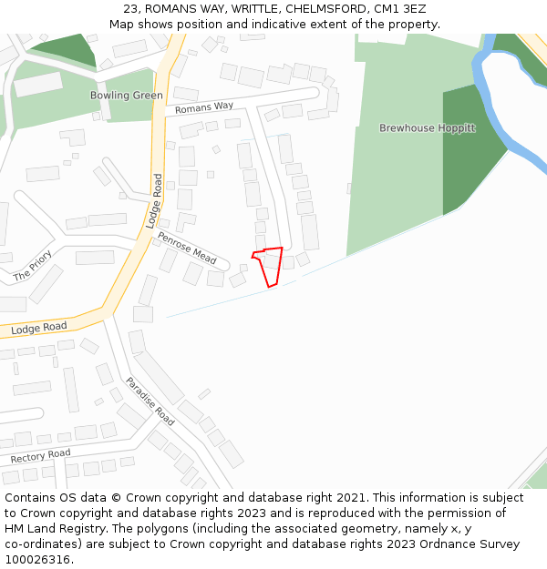 23, ROMANS WAY, WRITTLE, CHELMSFORD, CM1 3EZ: Location map and indicative extent of plot