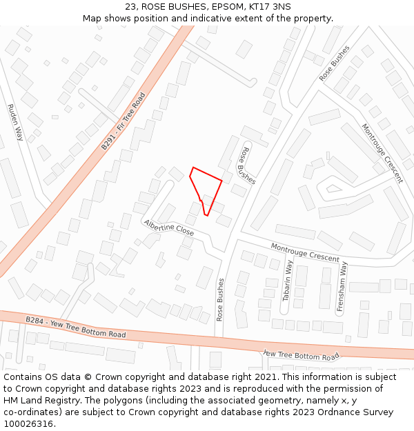 23, ROSE BUSHES, EPSOM, KT17 3NS: Location map and indicative extent of plot