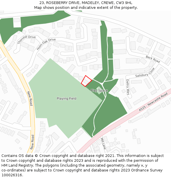 23, ROSEBERRY DRIVE, MADELEY, CREWE, CW3 9HL: Location map and indicative extent of plot