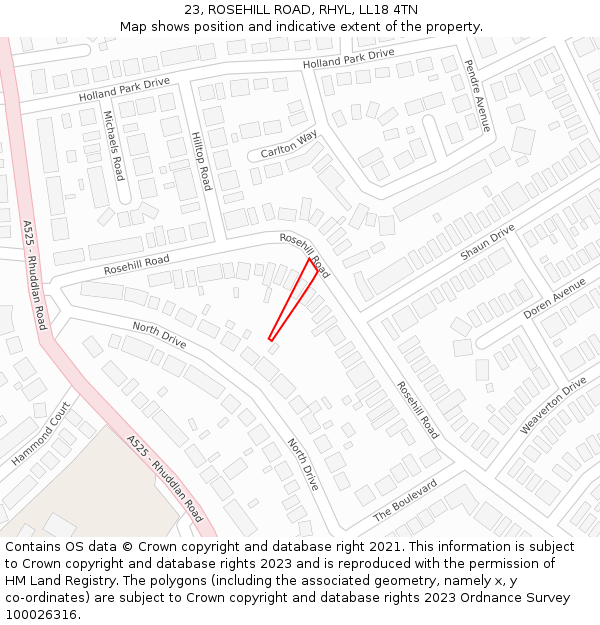 23, ROSEHILL ROAD, RHYL, LL18 4TN: Location map and indicative extent of plot