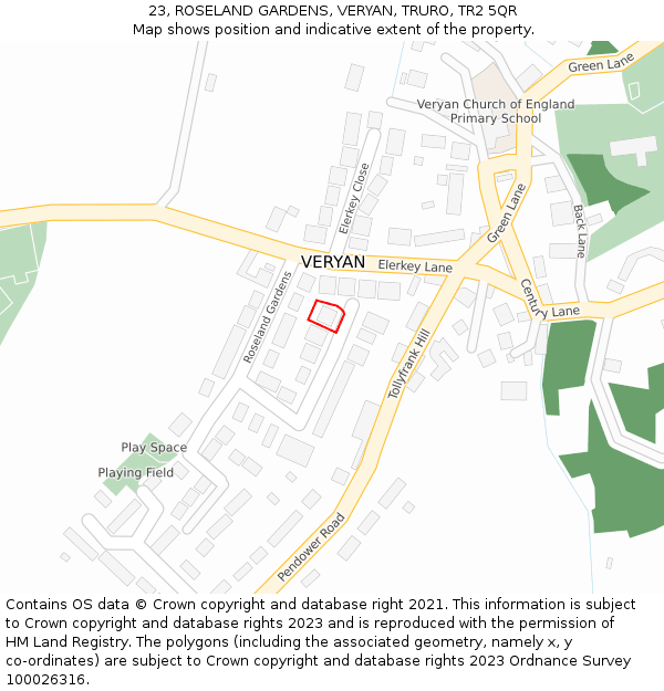 23, ROSELAND GARDENS, VERYAN, TRURO, TR2 5QR: Location map and indicative extent of plot