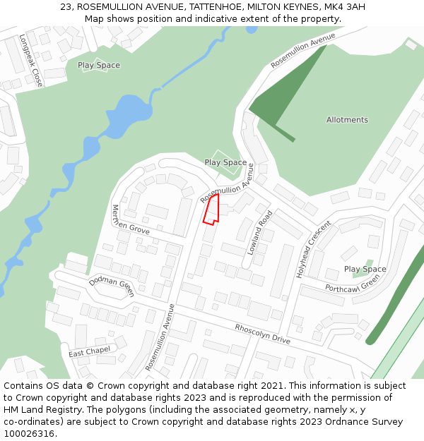 23, ROSEMULLION AVENUE, TATTENHOE, MILTON KEYNES, MK4 3AH: Location map and indicative extent of plot