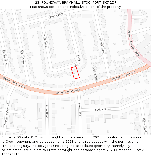 23, ROUNDWAY, BRAMHALL, STOCKPORT, SK7 1DF: Location map and indicative extent of plot