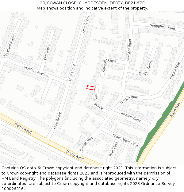 23, ROWAN CLOSE, CHADDESDEN, DERBY, DE21 6ZE: Location map and indicative extent of plot