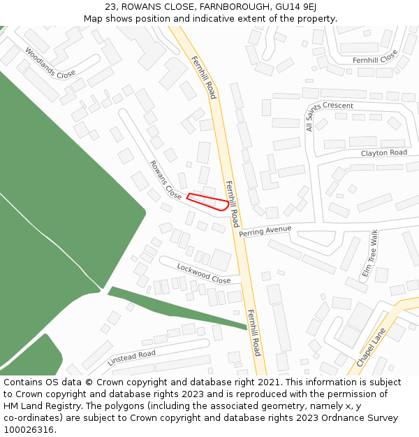 23, ROWANS CLOSE, FARNBOROUGH, GU14 9EJ: Location map and indicative extent of plot