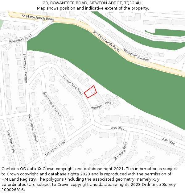 23, ROWANTREE ROAD, NEWTON ABBOT, TQ12 4LL: Location map and indicative extent of plot