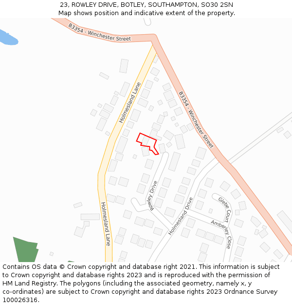 23, ROWLEY DRIVE, BOTLEY, SOUTHAMPTON, SO30 2SN: Location map and indicative extent of plot