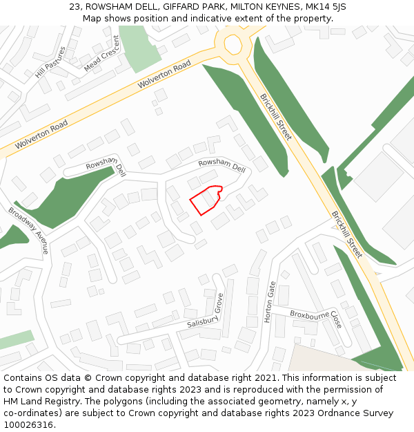 23, ROWSHAM DELL, GIFFARD PARK, MILTON KEYNES, MK14 5JS: Location map and indicative extent of plot