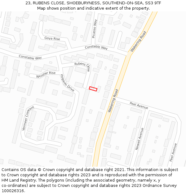 23, RUBENS CLOSE, SHOEBURYNESS, SOUTHEND-ON-SEA, SS3 9TF: Location map and indicative extent of plot