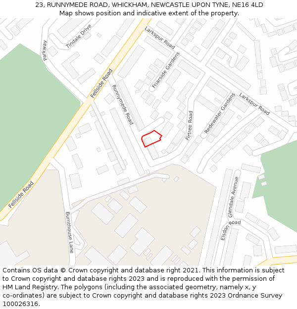 23, RUNNYMEDE ROAD, WHICKHAM, NEWCASTLE UPON TYNE, NE16 4LD: Location map and indicative extent of plot