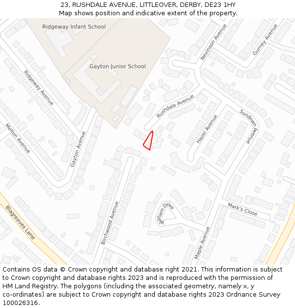 23, RUSHDALE AVENUE, LITTLEOVER, DERBY, DE23 1HY: Location map and indicative extent of plot