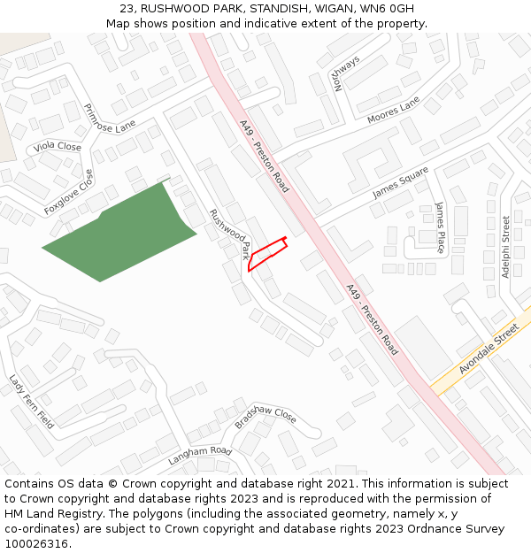 23, RUSHWOOD PARK, STANDISH, WIGAN, WN6 0GH: Location map and indicative extent of plot