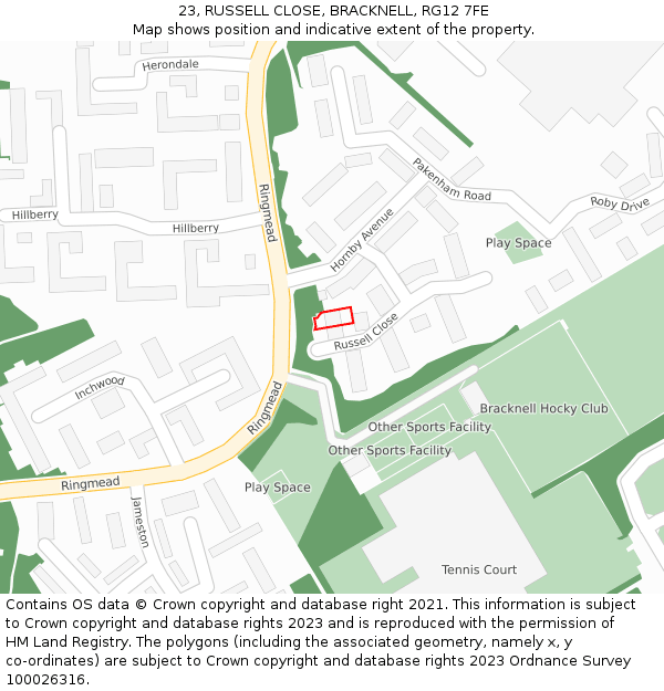 23, RUSSELL CLOSE, BRACKNELL, RG12 7FE: Location map and indicative extent of plot