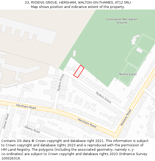 23, RYDENS GROVE, HERSHAM, WALTON-ON-THAMES, KT12 5RU: Location map and indicative extent of plot