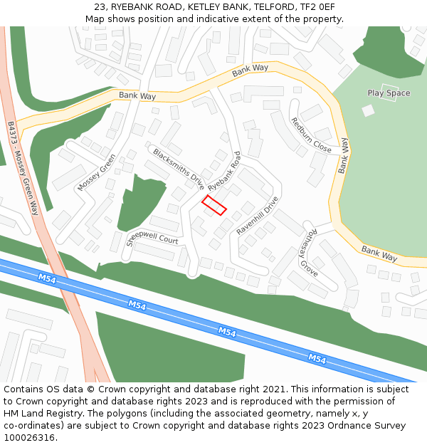 23, RYEBANK ROAD, KETLEY BANK, TELFORD, TF2 0EF: Location map and indicative extent of plot