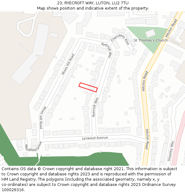 23, RYECROFT WAY, LUTON, LU2 7TU: Location map and indicative extent of plot