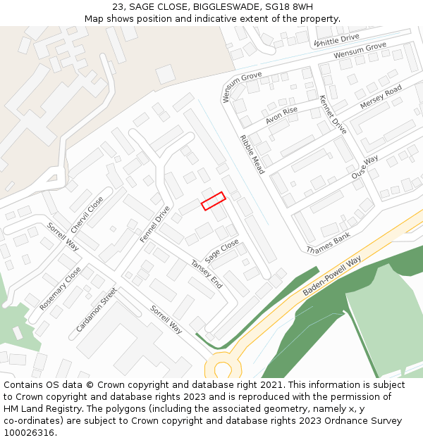 23, SAGE CLOSE, BIGGLESWADE, SG18 8WH: Location map and indicative extent of plot