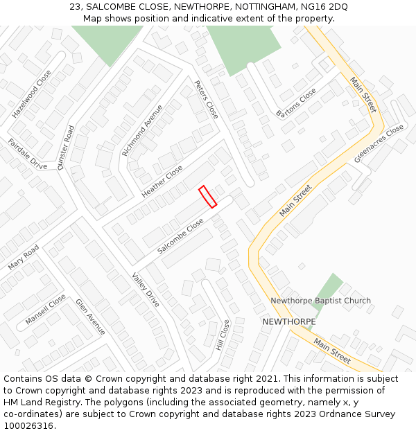 23, SALCOMBE CLOSE, NEWTHORPE, NOTTINGHAM, NG16 2DQ: Location map and indicative extent of plot