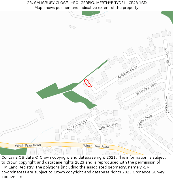 23, SALISBURY CLOSE, HEOLGERRIG, MERTHYR TYDFIL, CF48 1SD: Location map and indicative extent of plot