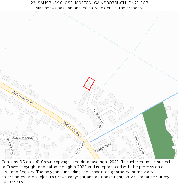 23, SALISBURY CLOSE, MORTON, GAINSBOROUGH, DN21 3GB: Location map and indicative extent of plot