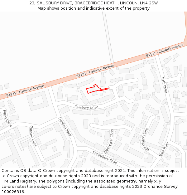 23, SALISBURY DRIVE, BRACEBRIDGE HEATH, LINCOLN, LN4 2SW: Location map and indicative extent of plot