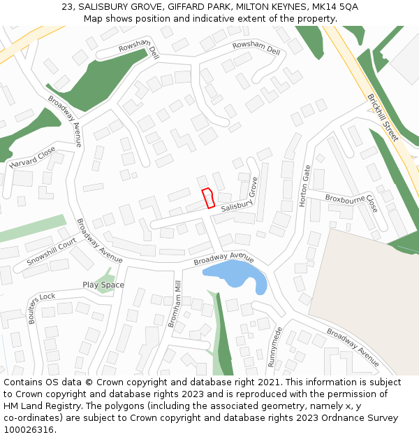 23, SALISBURY GROVE, GIFFARD PARK, MILTON KEYNES, MK14 5QA: Location map and indicative extent of plot