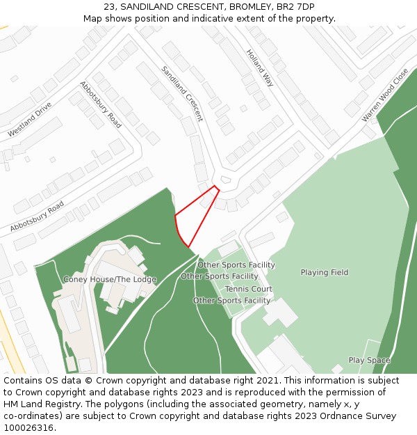 23, SANDILAND CRESCENT, BROMLEY, BR2 7DP: Location map and indicative extent of plot