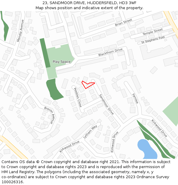 23, SANDMOOR DRIVE, HUDDERSFIELD, HD3 3WF: Location map and indicative extent of plot