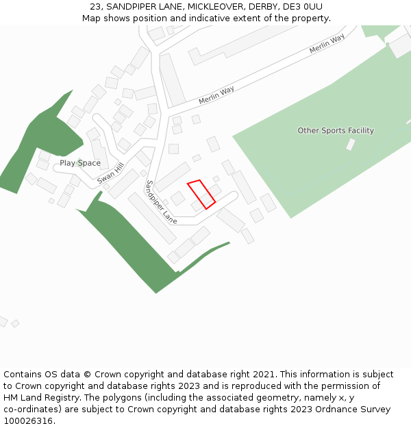 23, SANDPIPER LANE, MICKLEOVER, DERBY, DE3 0UU: Location map and indicative extent of plot