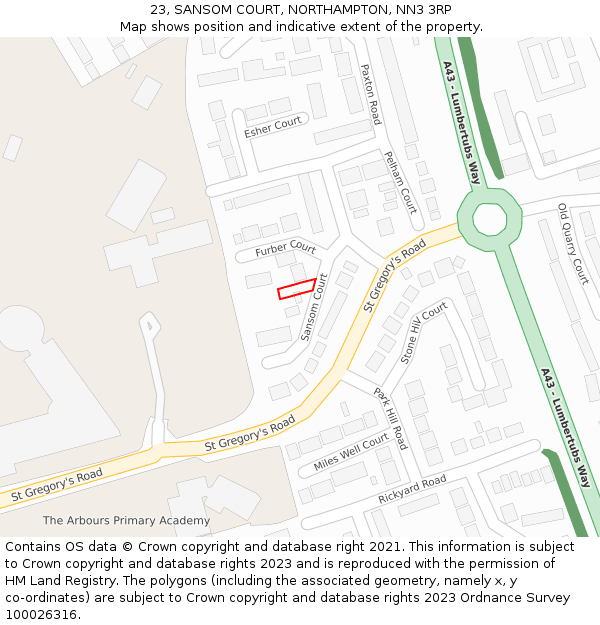 23, SANSOM COURT, NORTHAMPTON, NN3 3RP: Location map and indicative extent of plot
