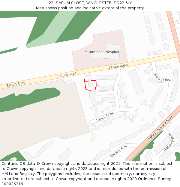 23, SARUM CLOSE, WINCHESTER, SO22 5LY: Location map and indicative extent of plot