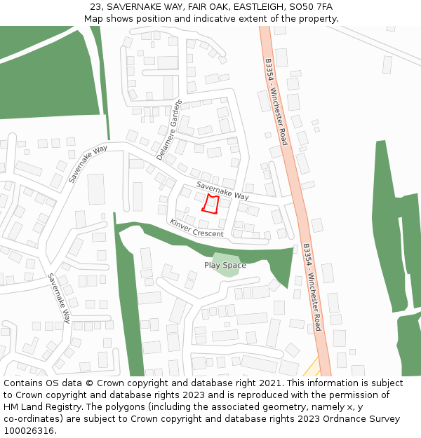 23, SAVERNAKE WAY, FAIR OAK, EASTLEIGH, SO50 7FA: Location map and indicative extent of plot