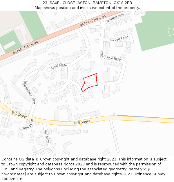 23, SAXEL CLOSE, ASTON, BAMPTON, OX18 2EB: Location map and indicative extent of plot