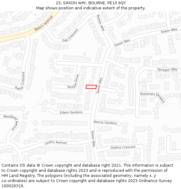 23, SAXON WAY, BOURNE, PE10 9QY: Location map and indicative extent of plot